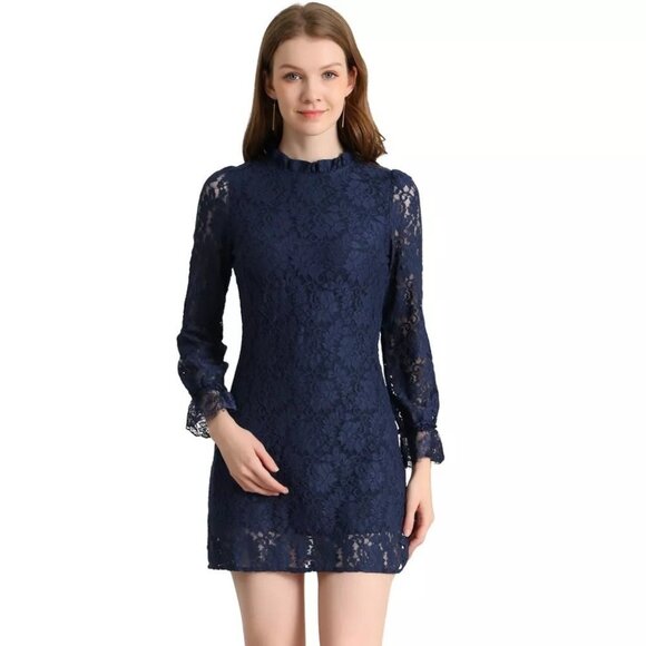 Allegra K Dresses & Skirts - Allegra K Elegant Ruffle Trim Blue Floral Lace Mini Formal Dress -- Size Medium